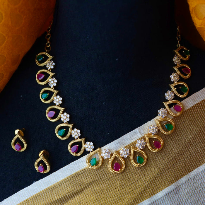 Heritage gold plated ruby green white stone short necklace with earrings TTH1098