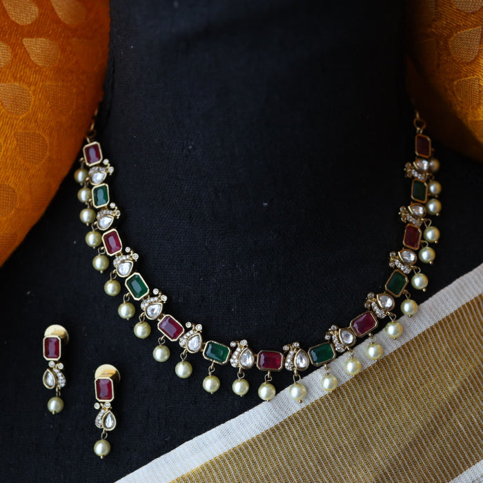 Antique ruby green white stone short necklace with earrings TTS456