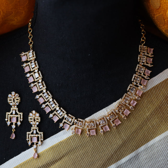 Heritage gold plated pink stone short necklace earrings TTH10123