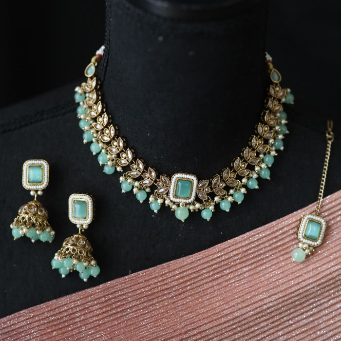 Trendy mint short necklace with earrings and tikka TM005