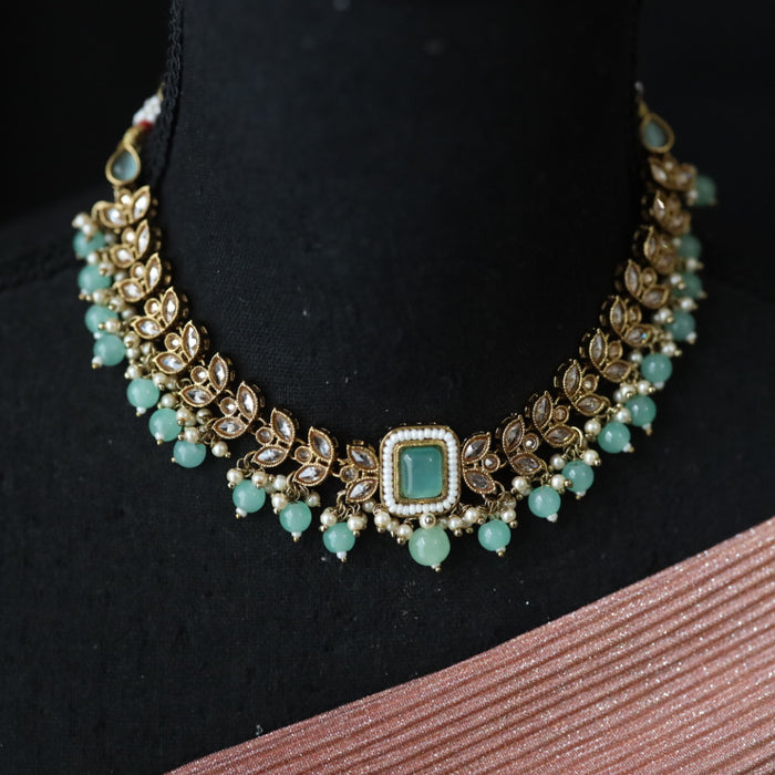 Trendy mint short necklace with earrings and tikka TM005