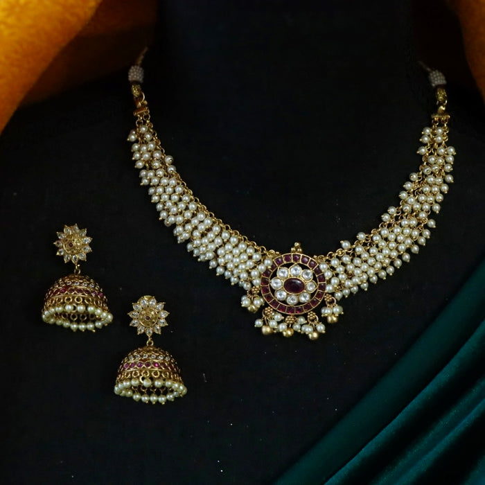 Antique pearl choker necklace with earrings CCB1004