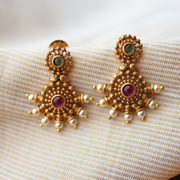 Antique gold ruby stone drop earrings AD0019