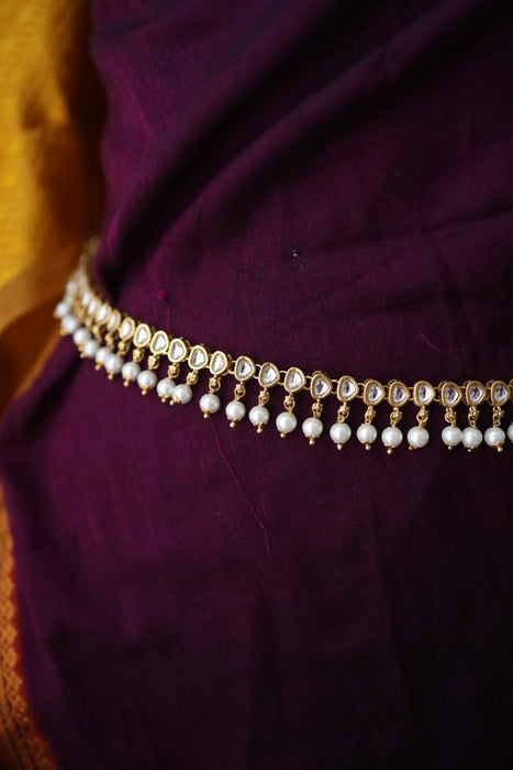 Heera trendy white stone and pearl waistchain W023