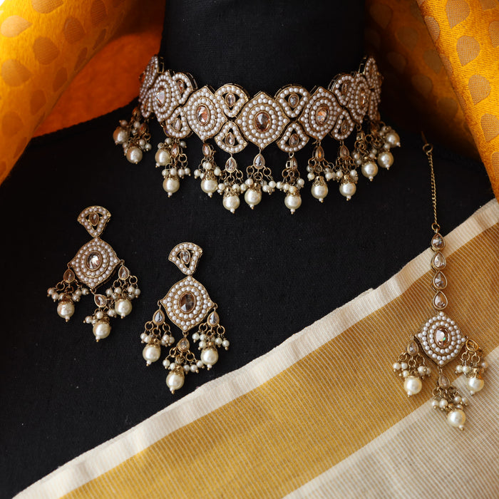 Trendy pearl choker necklace and earrings TW31