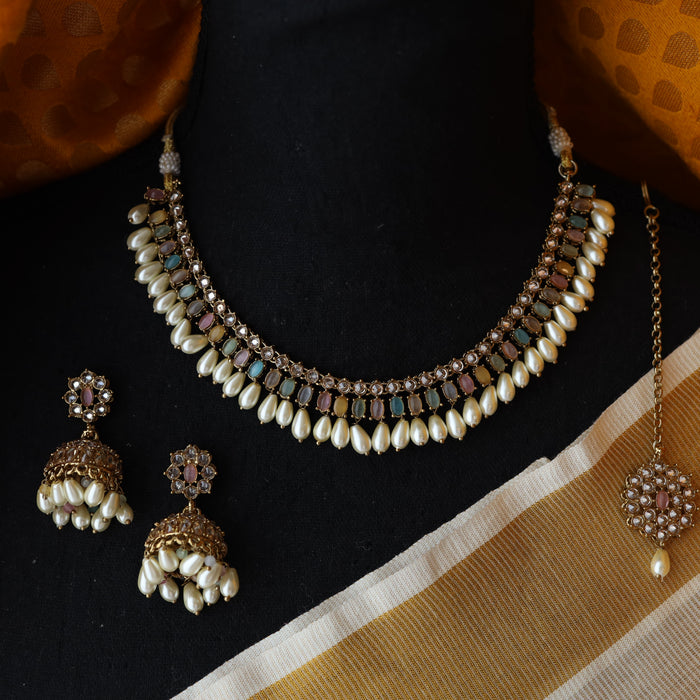 Trendy multi colour bead choker necklace with earrings and tikka TM008