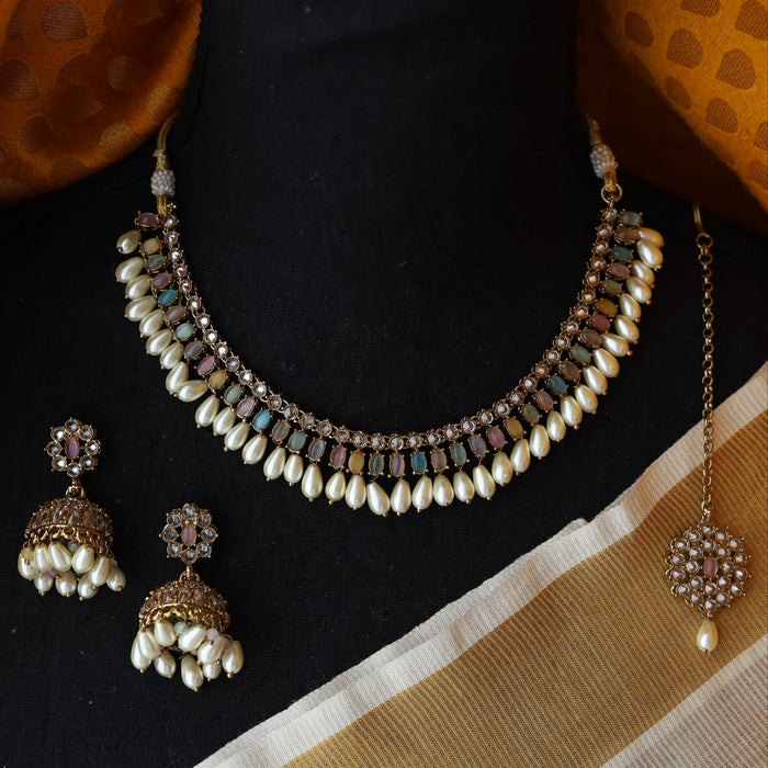 Trendy multi colour bead choker necklace with earrings and tikka TM008