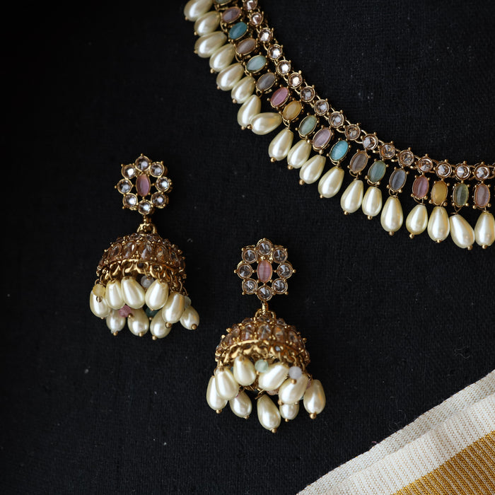 Trendy multi colour bead choker necklace with earrings and tikka TM008