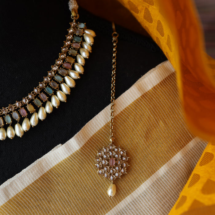 Trendy multi colour bead choker necklace with earrings and tikka TM008