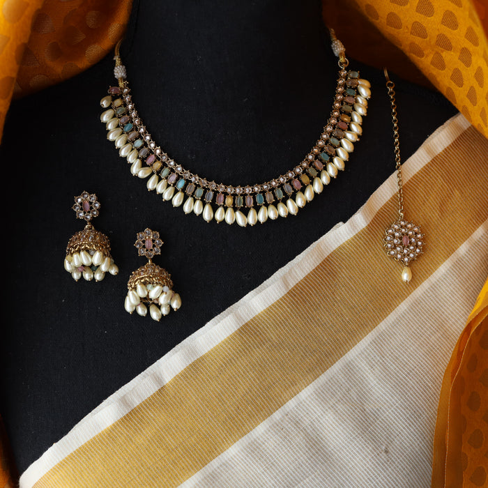 Trendy multi colour bead choker necklace with earrings and tikka TM008