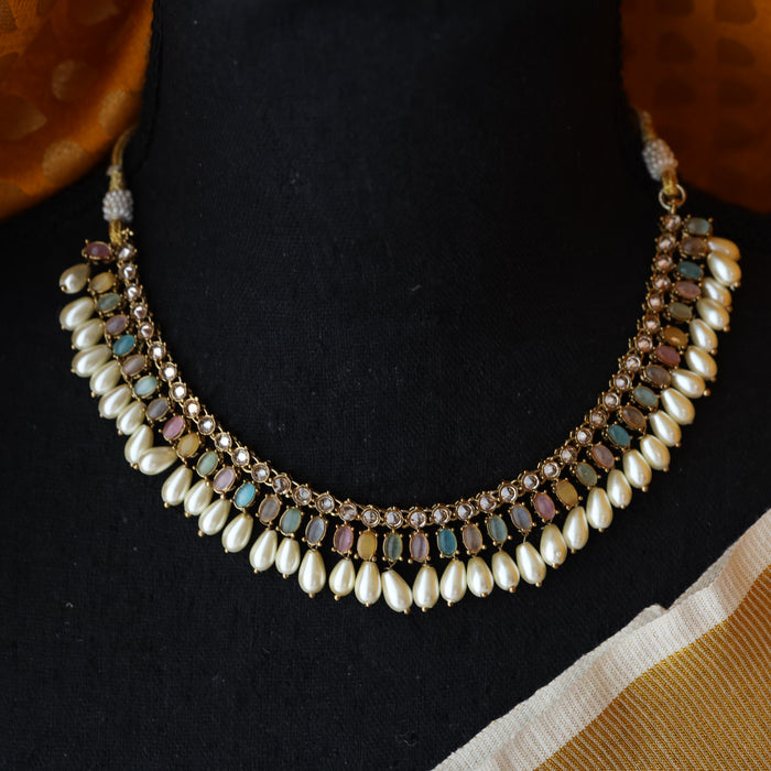 Trendy multi colour bead choker necklace with earrings and tikka TM008