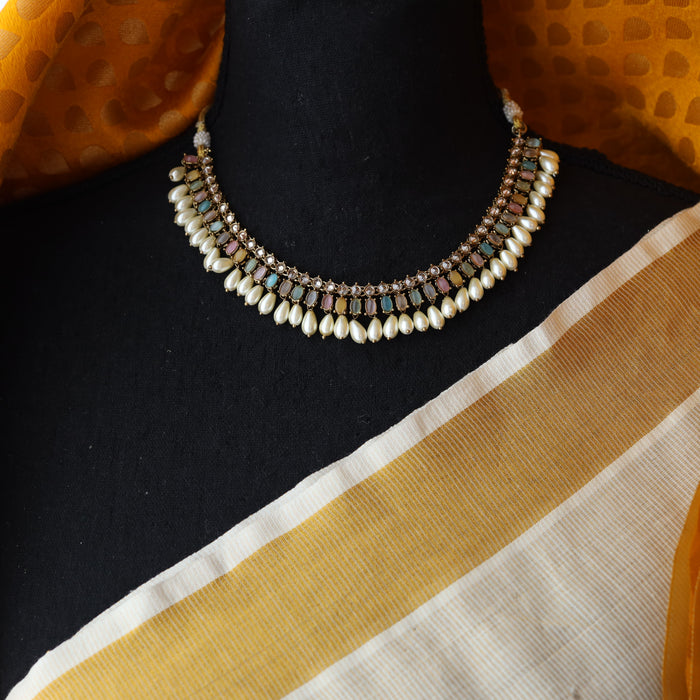 Trendy multi colour bead choker necklace with earrings and tikka TM008
