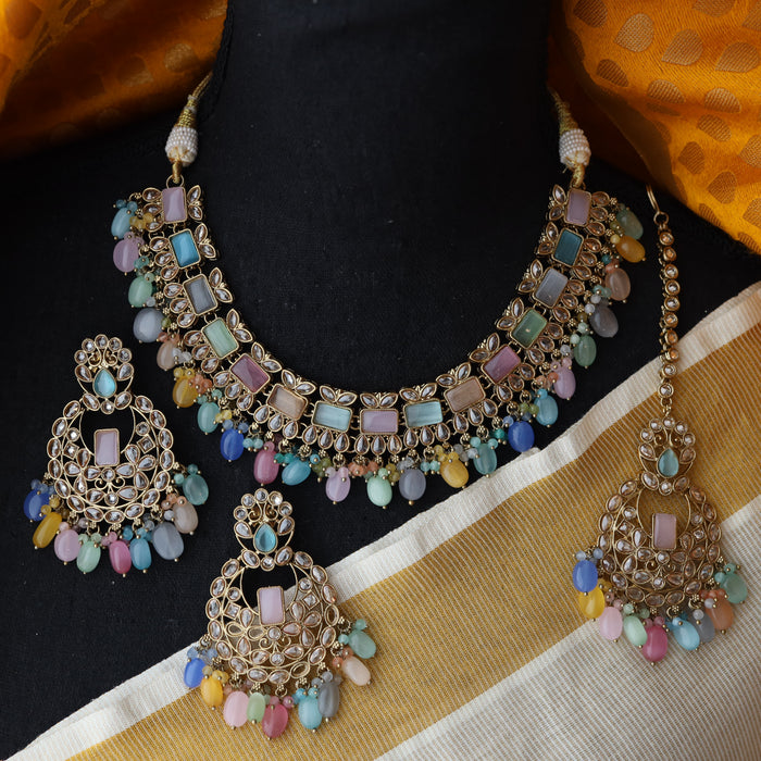 Trendy multi colour bead choker necklace with earrings and tikka TM009