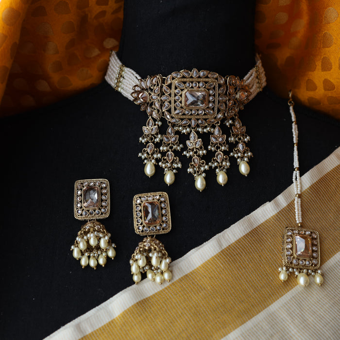 Trendy pearl bead choker necklace with earrings TW38
