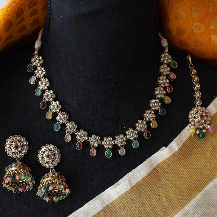 Trendy multi stone short necklace with earrings and tikka TM010