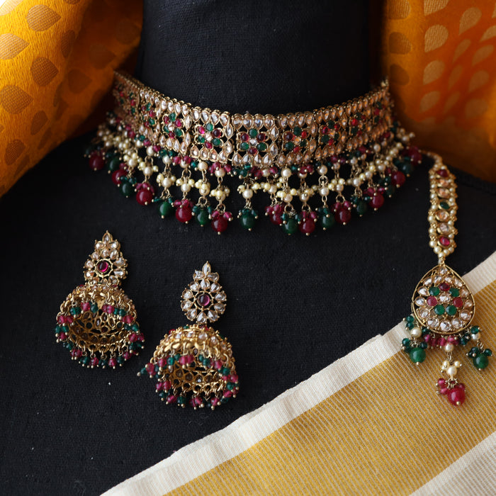 Trendy red and green pearls choker necklace and earrings TM39