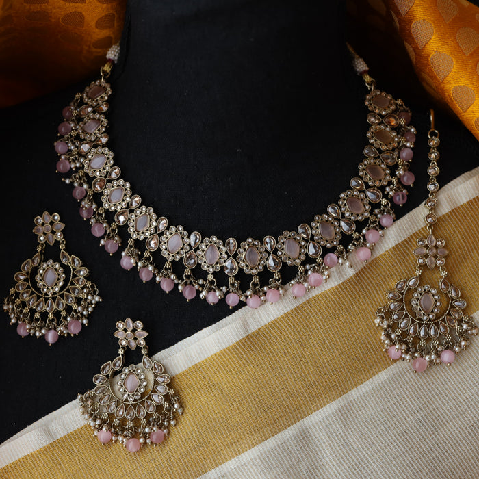Trendy pink bead choker necklace with earrings and tikka TP002