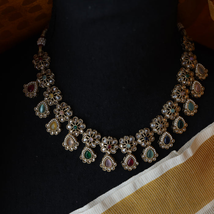 Trendy multi stone short necklace with earrings and tikka TM0019