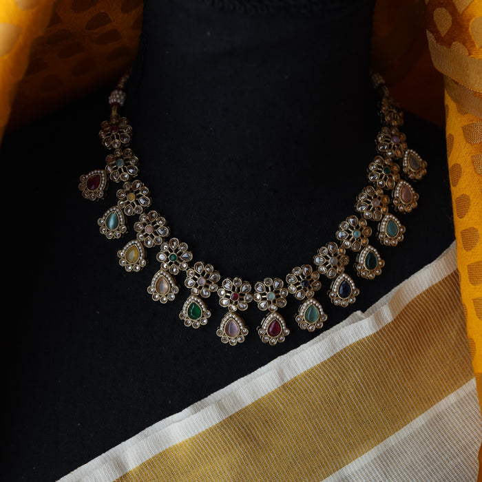Trendy multi stone short necklace with earrings and tikka TM0019