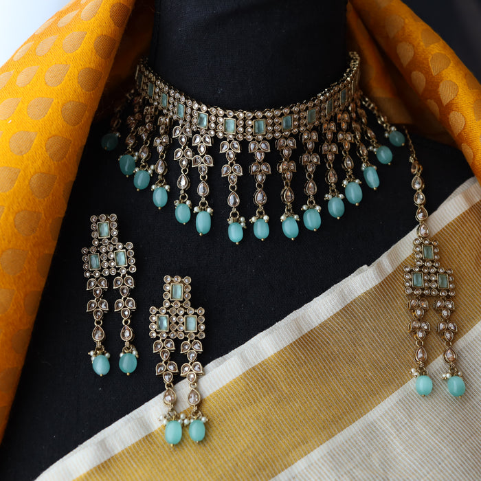 Trendy mint pearl choker necklace with earrings and tikka TM004