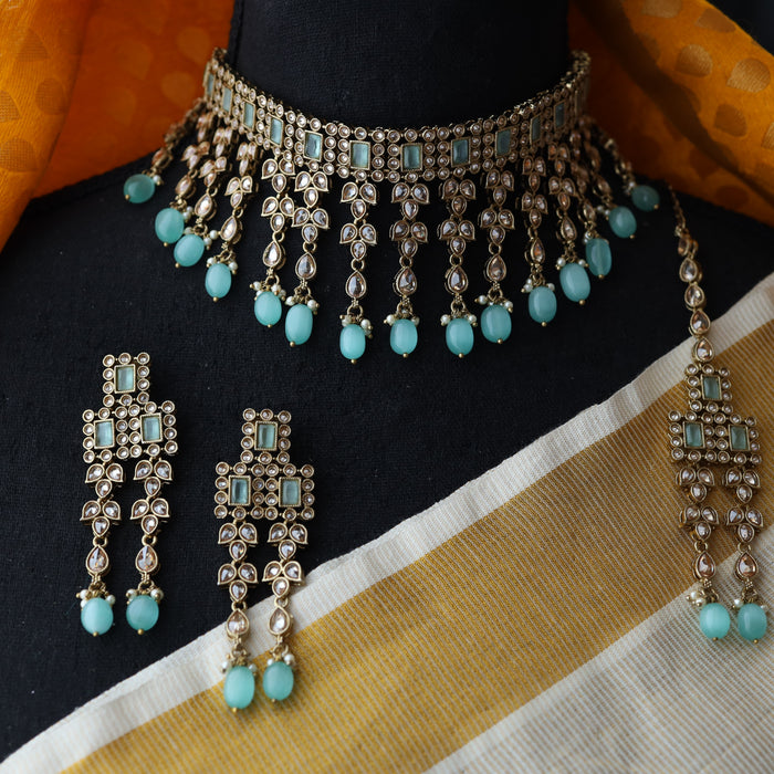 Trendy mint pearl choker necklace with earrings and tikka TM004