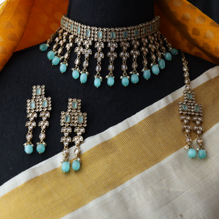 Trendy mint pearl choker necklace with earrings and tikka TM004