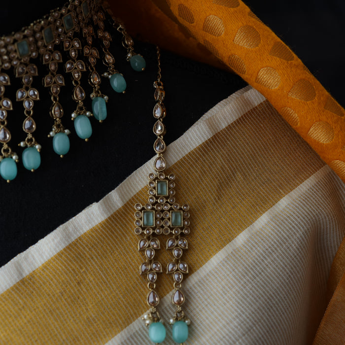 Trendy mint pearl choker necklace with earrings and tikka TM004