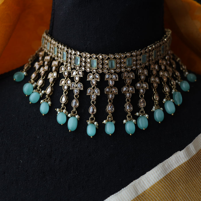 Trendy mint pearl choker necklace with earrings and tikka TM004