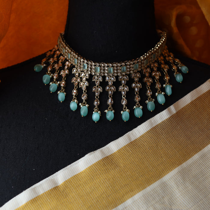 Trendy mint pearl choker necklace with earrings and tikka TM004