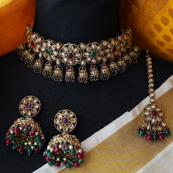 Trendy red and green stone choker necklace and earrings TM43