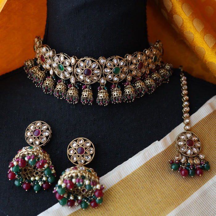 Trendy red and green stone choker necklace and earrings TM43