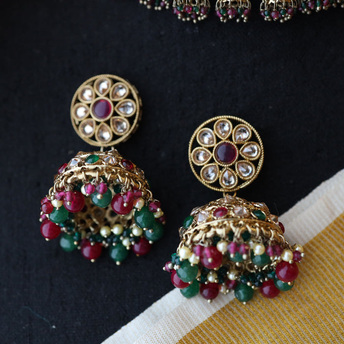 Trendy red and green stone choker necklace and earrings TM43
