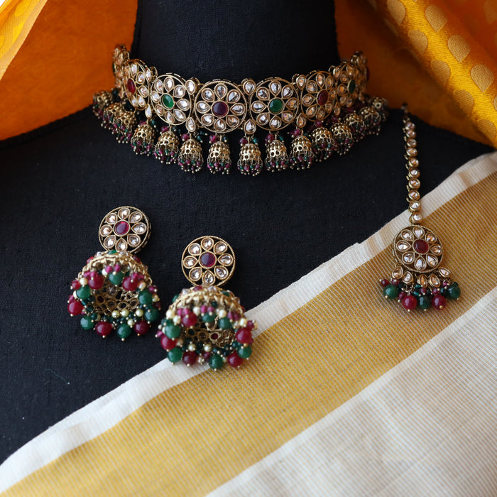 Trendy red and green stone choker necklace and earrings TM43