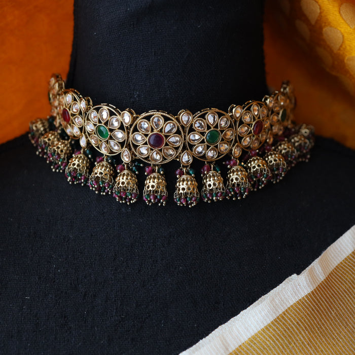 Trendy red and green stone choker necklace and earrings TM43