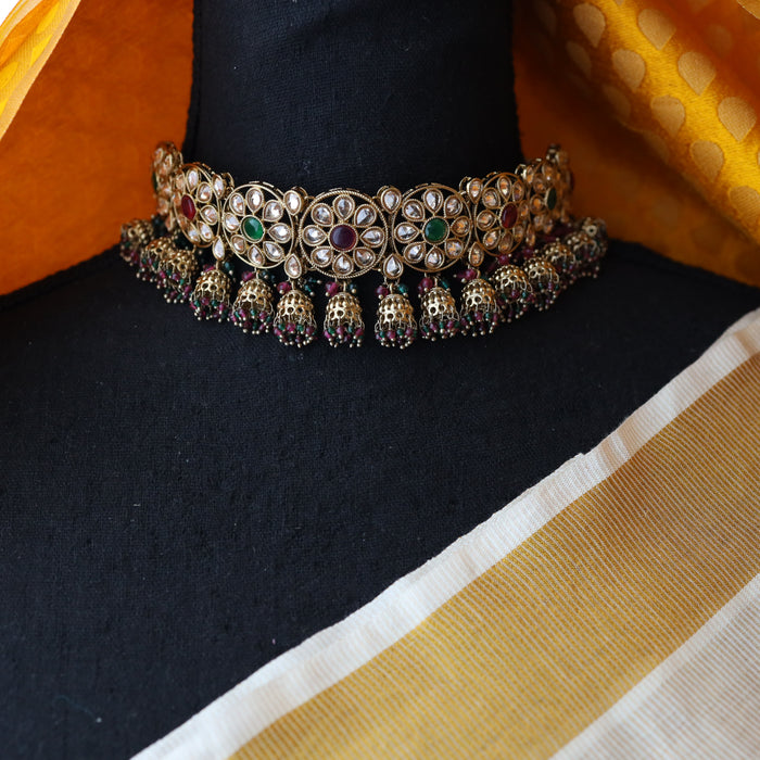 Trendy red and green stone choker necklace and earrings TM43