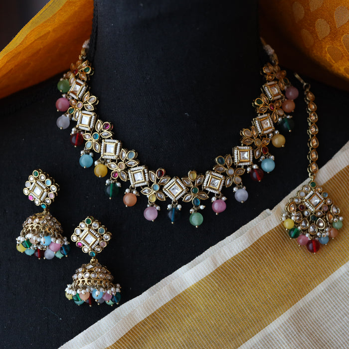 Trendy multi colour stone choker necklace with earrings and tikka TM45