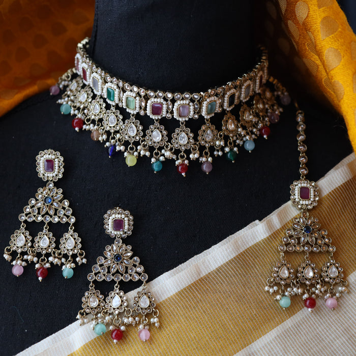 Trendy multi stone choker necklace with earrings and tikka TM45