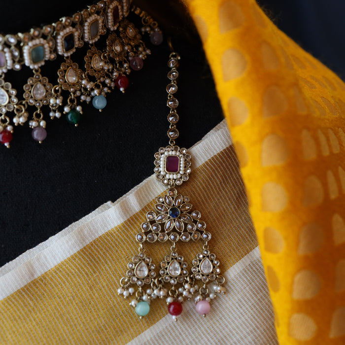 Trendy multi stone choker necklace with earrings and tikka TM45