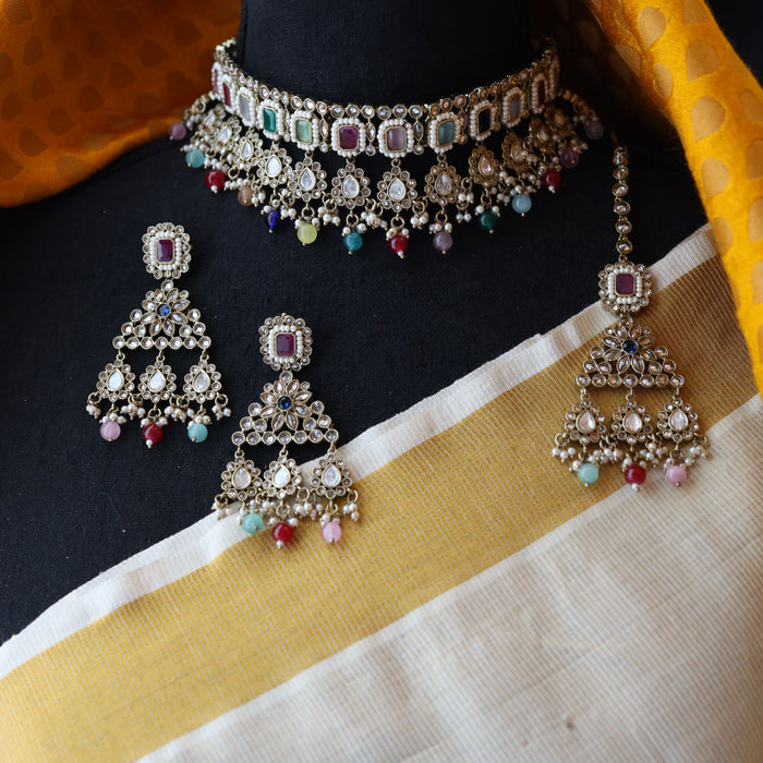 Trendy multi stone choker necklace with earrings and tikka TM45