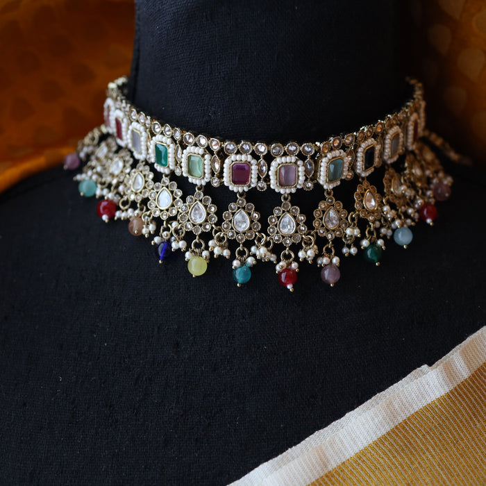 Trendy multi stone choker necklace with earrings and tikka TM45