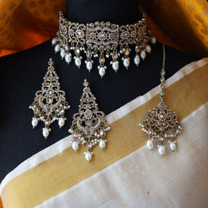 Trendy pearl choker necklace and earrings TW46
