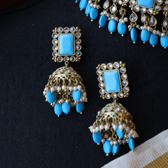 Trendy blue choker necklace, earrings and tikka TM15