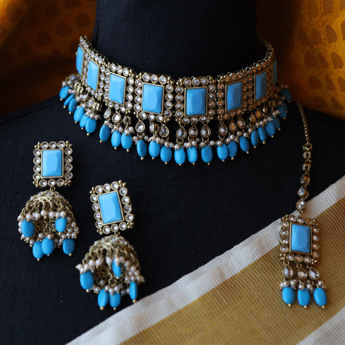 Trendy blue choker necklace, earrings and tikka TM15