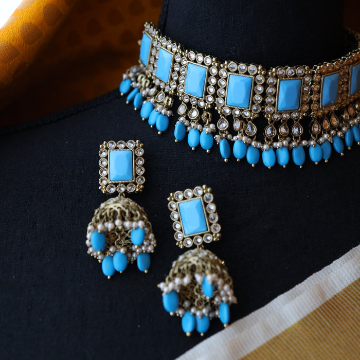 Trendy blue choker necklace, earrings and tikka TM15