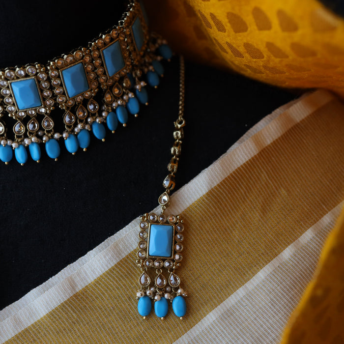 Trendy blue choker necklace, earrings and tikka TM15