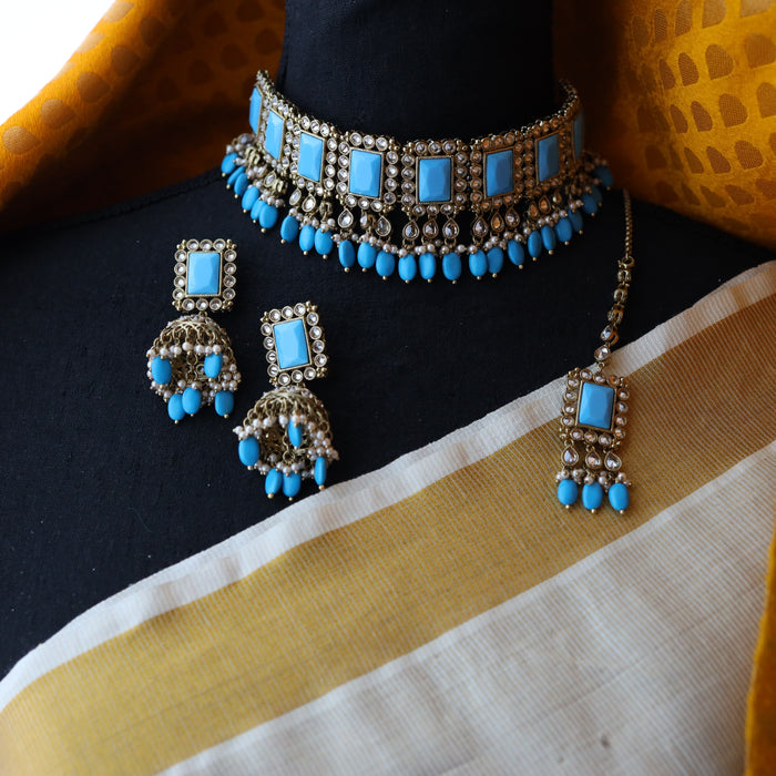 Trendy blue choker necklace, earrings and tikka TM15