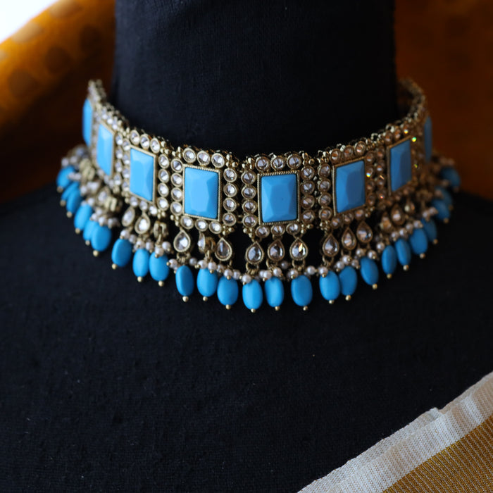 Trendy blue choker necklace, earrings and tikka TM15