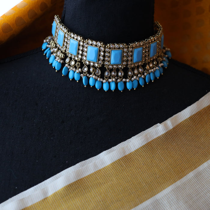 Trendy blue choker necklace, earrings and tikka TM15