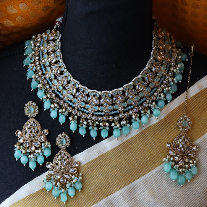 Trendy mint pearl short necklace with earrings TM16