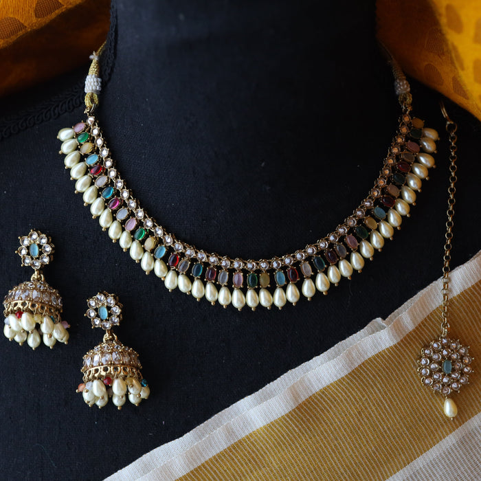 Trendy multi stone short necklace and earrings TM121